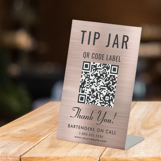 Tip Jar QR Code Rose Gold Tabletop Pedestal Sign (Empower your customers to tip conveniently and securely with just a scan – no more fumbling for cash)