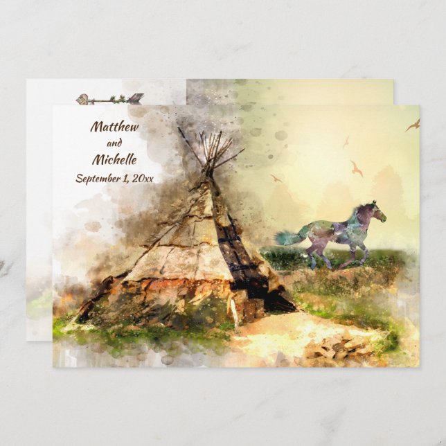 Tipi and Indian Pony Boho Horse Teepee Wedding Invitation (Front/Back)