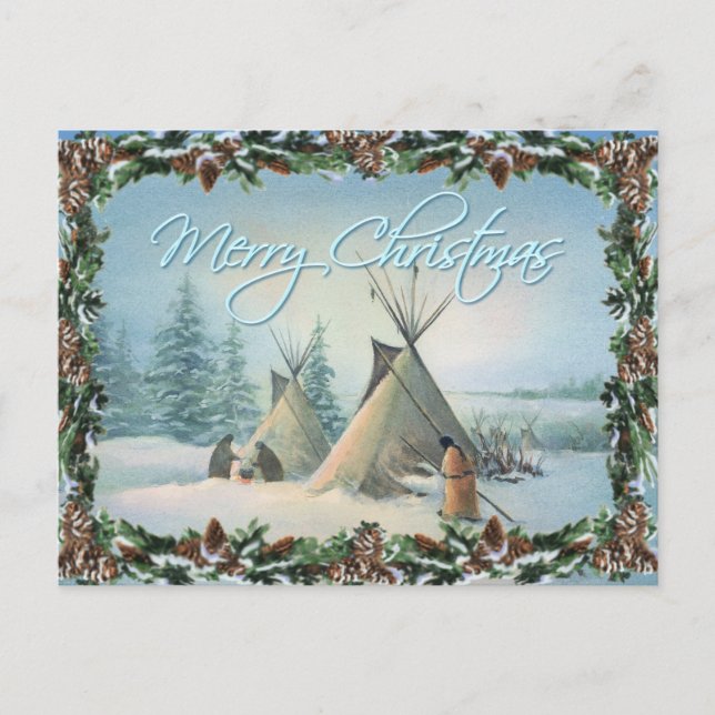 TIPI CAMP SQUAW & BOUGHS by SHARON SHARPE Holiday Postcard (Front)