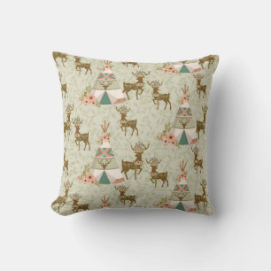 Tipi Tent Reindeer Antlers Pink Flowers Natural Cushion