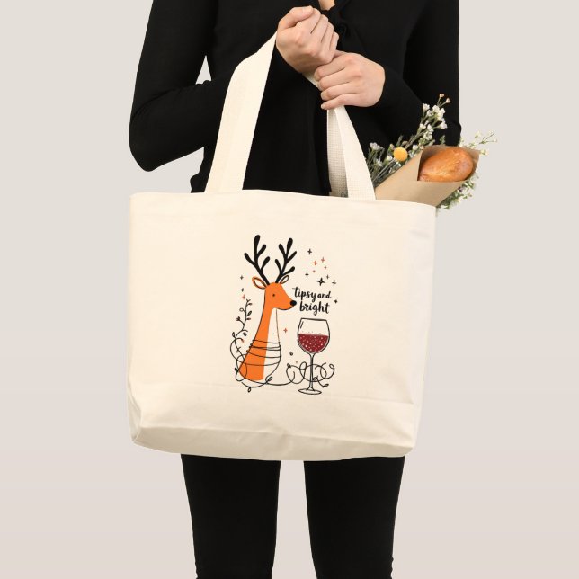 Tipsy and Bright Reindeer  Large Tote Bag (Front (Product))