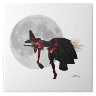 Tipsy Witch On Flying Broom Ceramic Tile