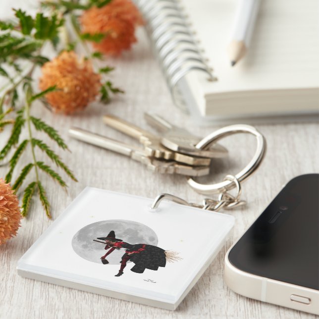 Tipsy Witch On Flying Broom Throw Pillow Key Ring (Front Right)