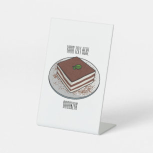 Tiramisu cake cartoon illustration pedestal sign