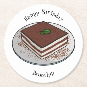 Tiramisu cake cartoon illustration  round paper coaster