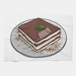 Tiramisu cake cartoon illustration tea towel