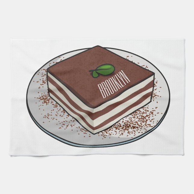 Tiramisu cake cartoon illustration tea towel (Horizontal)