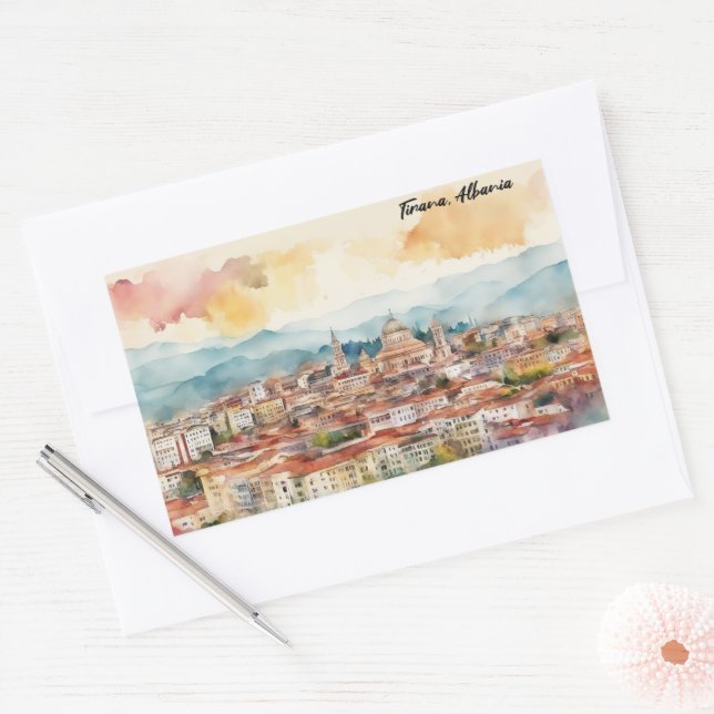 Tirana Albania Watercolor Painting Panorama View Rectangular Sticker (Envelope)