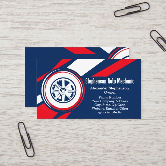 Tire Logo Patriotic Auto Mechanic Car Business Card (Front/Back In Situ)