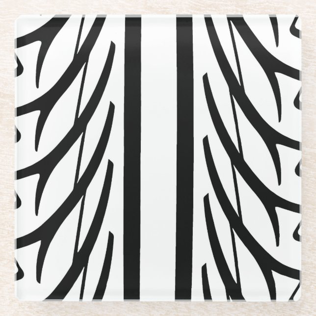 Tire Texture Abstract Pattern in Black and White Glass Coaster (Front)