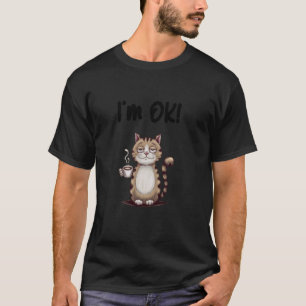 Tired cat with coffee and a confused smile saying  T-Shirt