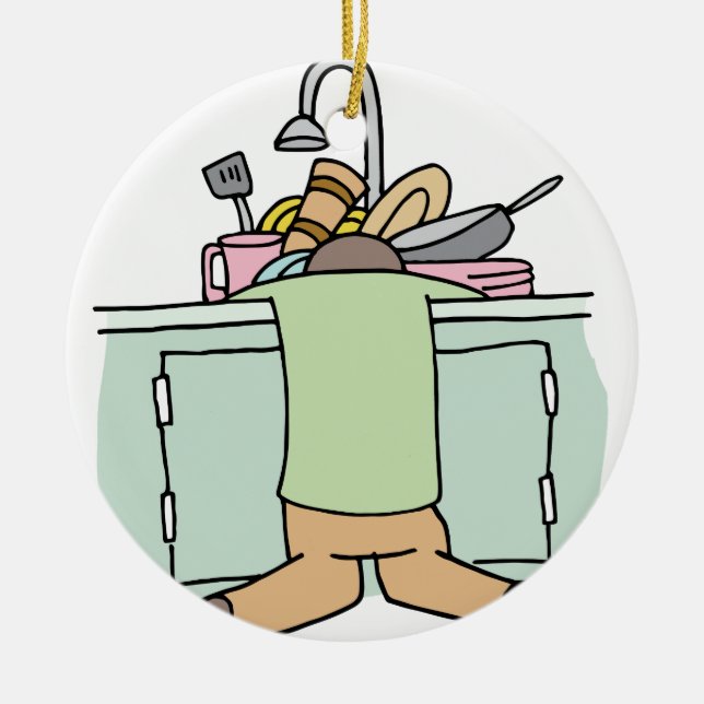 Tired Dishwasher Man Ceramic Tree Decoration (Front)