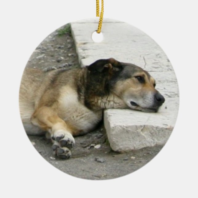Tired Dog ornament, customise Ceramic Tree Decoration (Front)