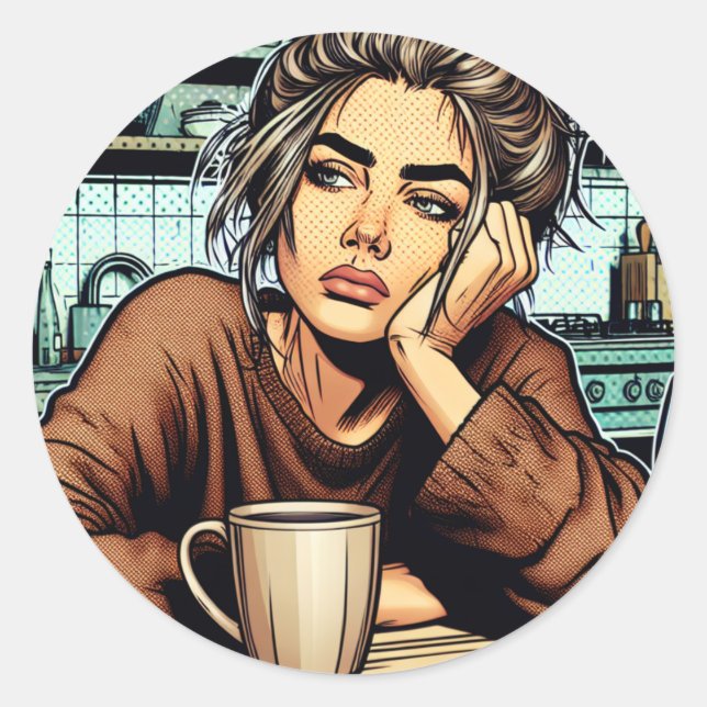 Tired Lady with Coffee | Comic Book Pop Art Classic Round Sticker (Front)