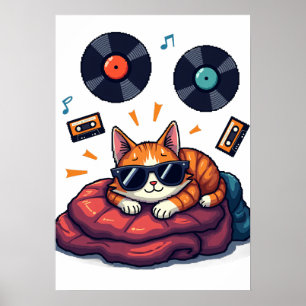 Tired Musician Cat Vinyl Record Sticker Poster