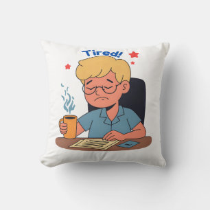 Tired Office Worker Cartoon – Funny Coffee & Work Cushion