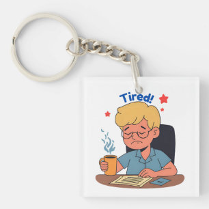 Tired Office Worker Cartoon – Funny Coffee & Work Key Ring