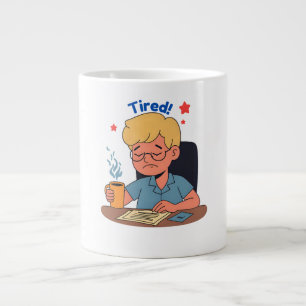 Tired Office Worker Cartoon – Funny Coffee & Work  Large Coffee Mug