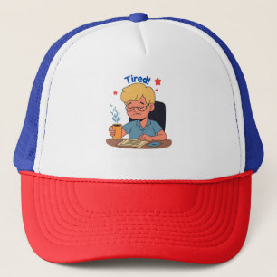 Tired Office Worker Cartoon – Funny Coffee & Work Trucker Hat