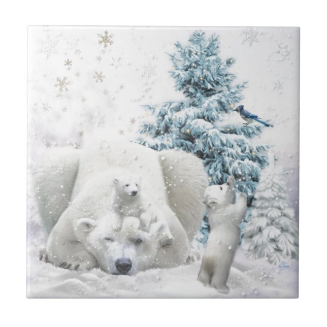 Tired Polar Bear Mother With Babies Ceramic Tile (Front)