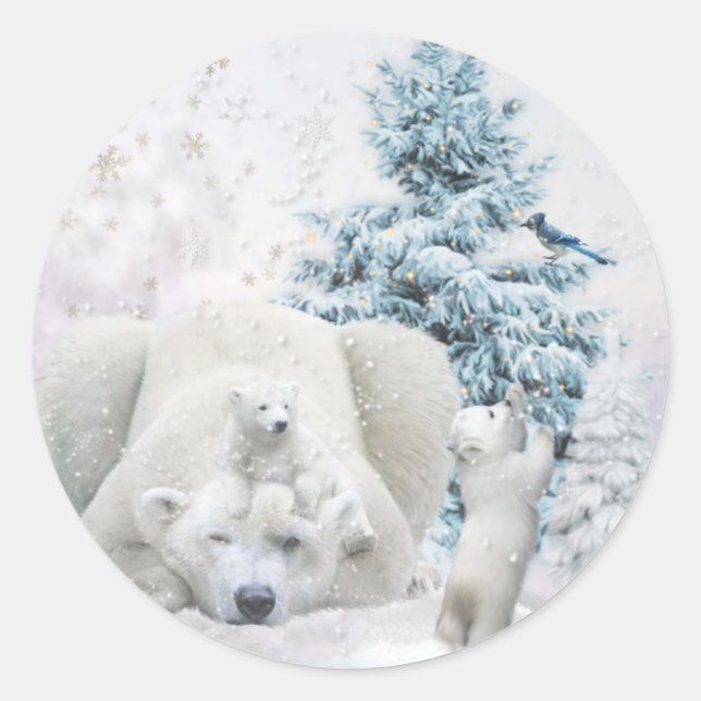 Tired Polar Bear Mother With Babies Classic Round Sticker (Front)