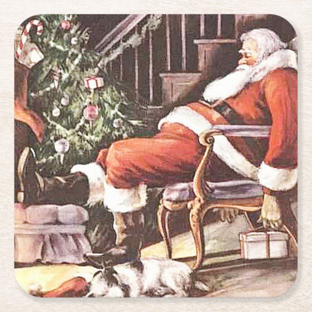 Tired Santa Claus Christmas Square Paper Coaster (Front)
