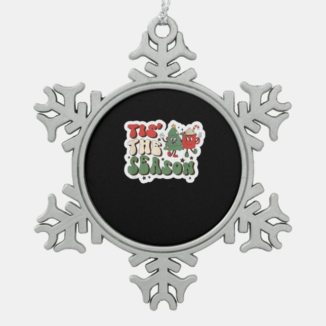 Tis Season Retro Funny Sloth Snowflake Pewter Christmas Ornament (Front)