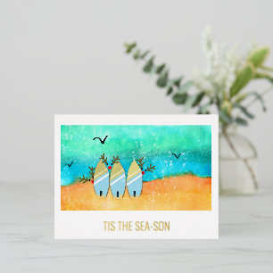 Tis The Sea-Son Beach Christmas with Rudolph  Foil Holiday Postcard