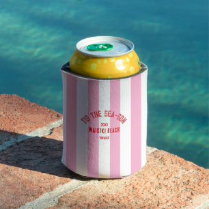 Tis The Sea Son Custom Beach Christmas Pink Stripe Can Cooler