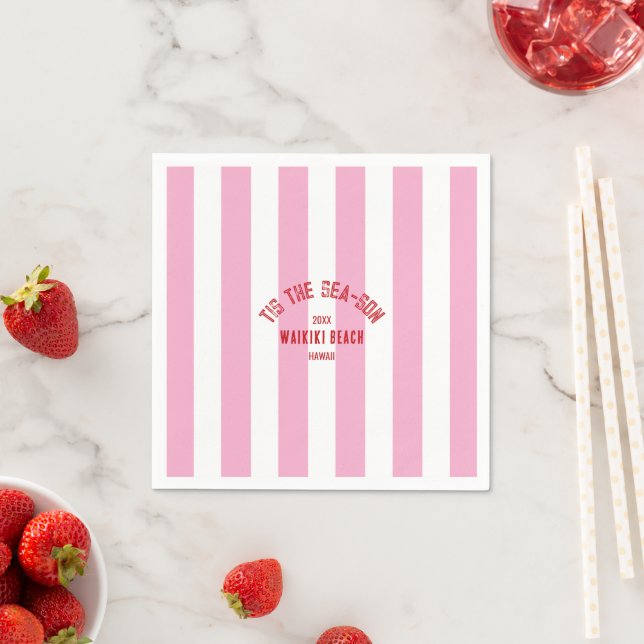 Tis The Sea Son Custom Beach Christmas Pink Stripe Napkin (Insitu)