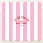 Tis The Sea Son Custom Beach Christmas Pink Stripe Paper Coaster<br><div class="desc">The ’Tis The Sea-Son Custom Beach Christmas Pink Stripe Paper Coaster brings a fun and festive touch to holiday gatherings by the shore. Featuring a cabana pink stripe design with customisable beach name and year, these durable paper coasters protect surfaces while adding a personalised holiday accent. Perfect for Christmas on...</div>