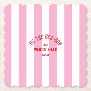 Tis The Sea Son Custom Beach Christmas Pink Stripe Paper Coaster