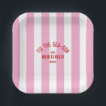 Tis The Sea Son Custom Beach Christmas Pink Stripe Paper Plate<br><div class="desc">The ’Tis The Sea-Son Custom Beach Christmas Pink Stripe Paper Plates add festive flair and seaside charm to your holiday celebrations. Featuring a playful pink cabana stripe design with customisable beach name and year, these durable paper plates are perfect for serving meals, appetizers, or desserts. Convenient and disposable yet stylish...</div>