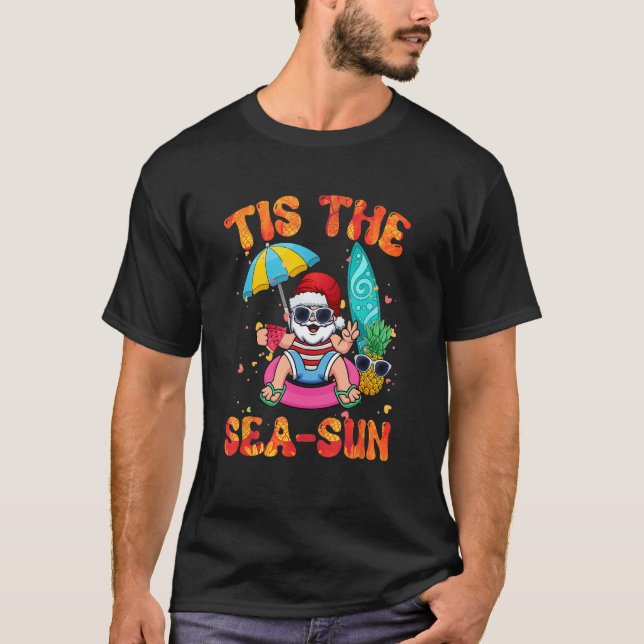 Tis the Sea Sun Hawaii Santa Beach Summer Christma T-Shirt (Front)