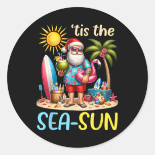 Tis The Sea Sun Hawaiian Santa Claus Christmas In  Classic Round Sticker