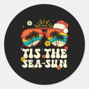 Tis The Sea Sun Santa Groovy Christmas In July Sum Classic Round Sticker