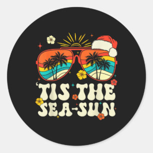 Tis The Sea Sun Santa Groovy Christmas In July Sum Classic Round Sticker