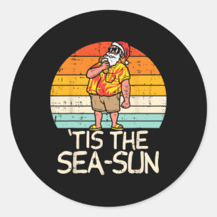 Tis The Sea Sun Santa Sunset Retro Christmas In Ju Classic Round Sticker