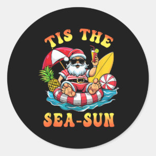 Tis The Sea Sun Santa Surfing Christmas In July Tr Classic Round Sticker