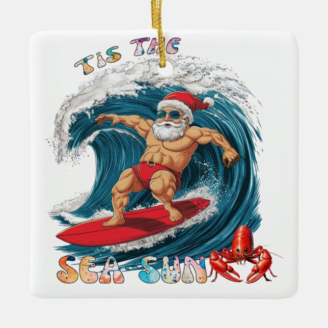 Tis The Sea-Sun - Surfing Santa Ceramic Ornament (Front)