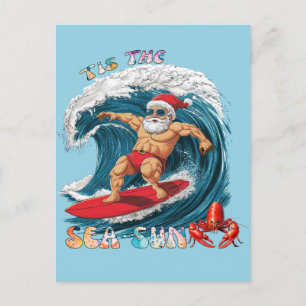 Tis The Sea-Sun - Surfing Santa Postcard