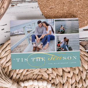 Tis the Season   3 Photo Nautical Christmas Foil H Holiday Card