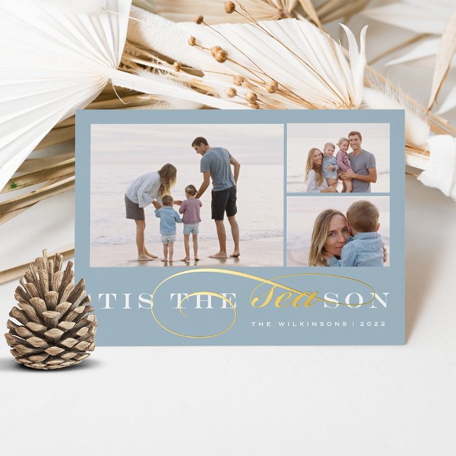 Tis the Season | 3 Photo Nautical Christmas Foil Holiday Card (Creator Uploaded)