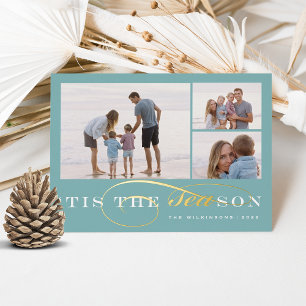 Tis the Season   3 Photo Nautical Christmas Foil Holiday Card