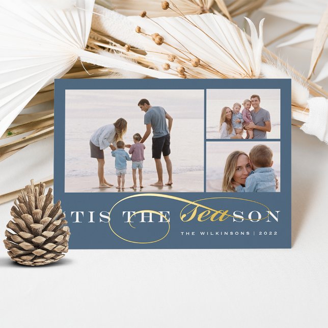 Tis the Season | 3 Photo Nautical Christmas Foil Holiday Card (Creator Uploaded)