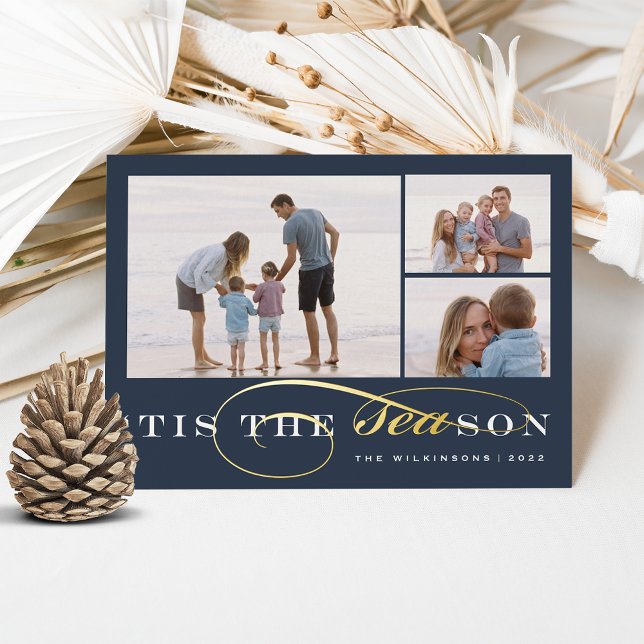 Tis the Season | 3 Photo Nautical Christmas Foil Holiday Card (Creator Uploaded)