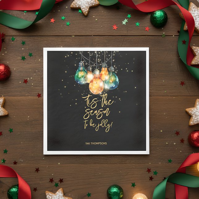Tis the season, black, christmas lights napkin (Creator Uploaded)
