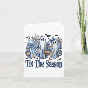 Tis The Season Blue Patchwork Ghost Pumpkin Spooky Card