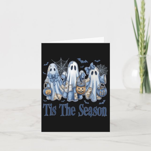 Tis The Season Blue Patchwork Ghost Pumpkin Spooky Card (Front)