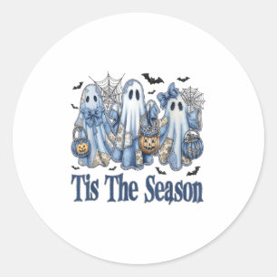 Tis The Season Blue Patchwork Ghost Pumpkin Spooky Classic Round Sticker